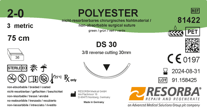 Поліестер USP0 зелений, довжина 75см, зворотньо-ріжуча голка 30мм, 3/8 кола